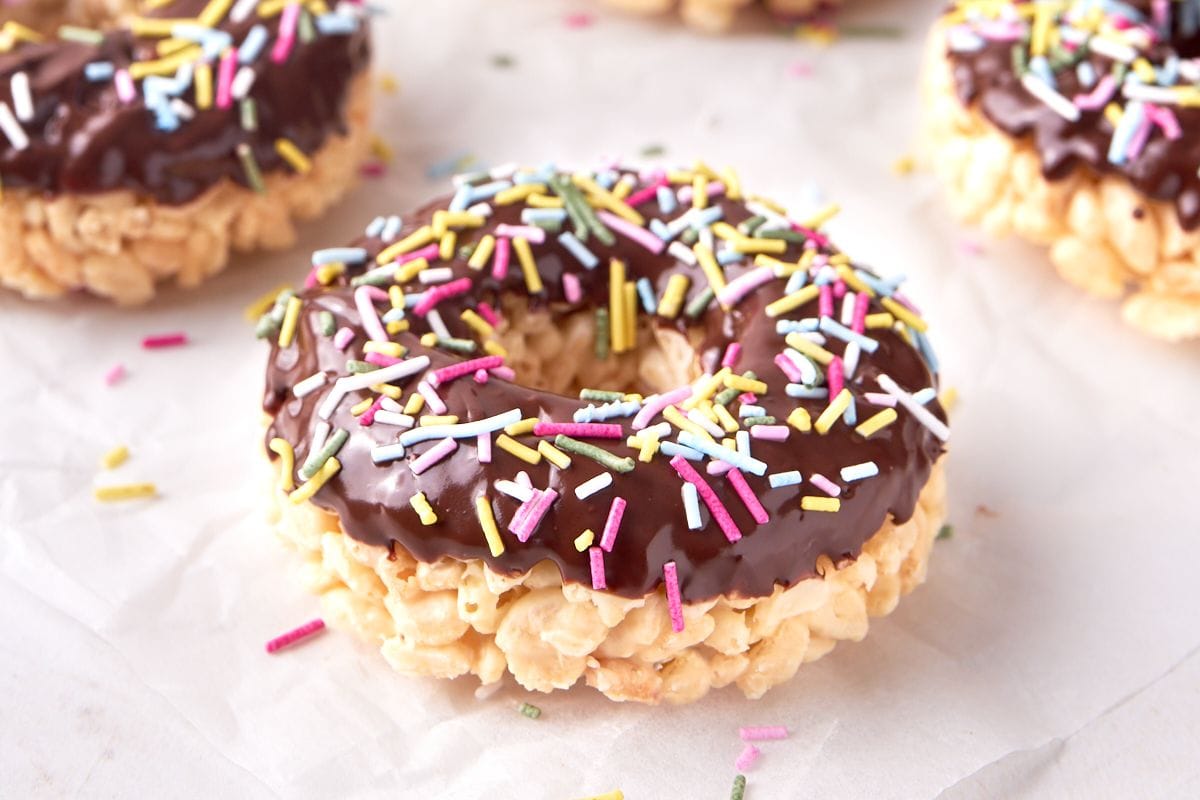Chocolate Dipped Rice Krispie Donuts.