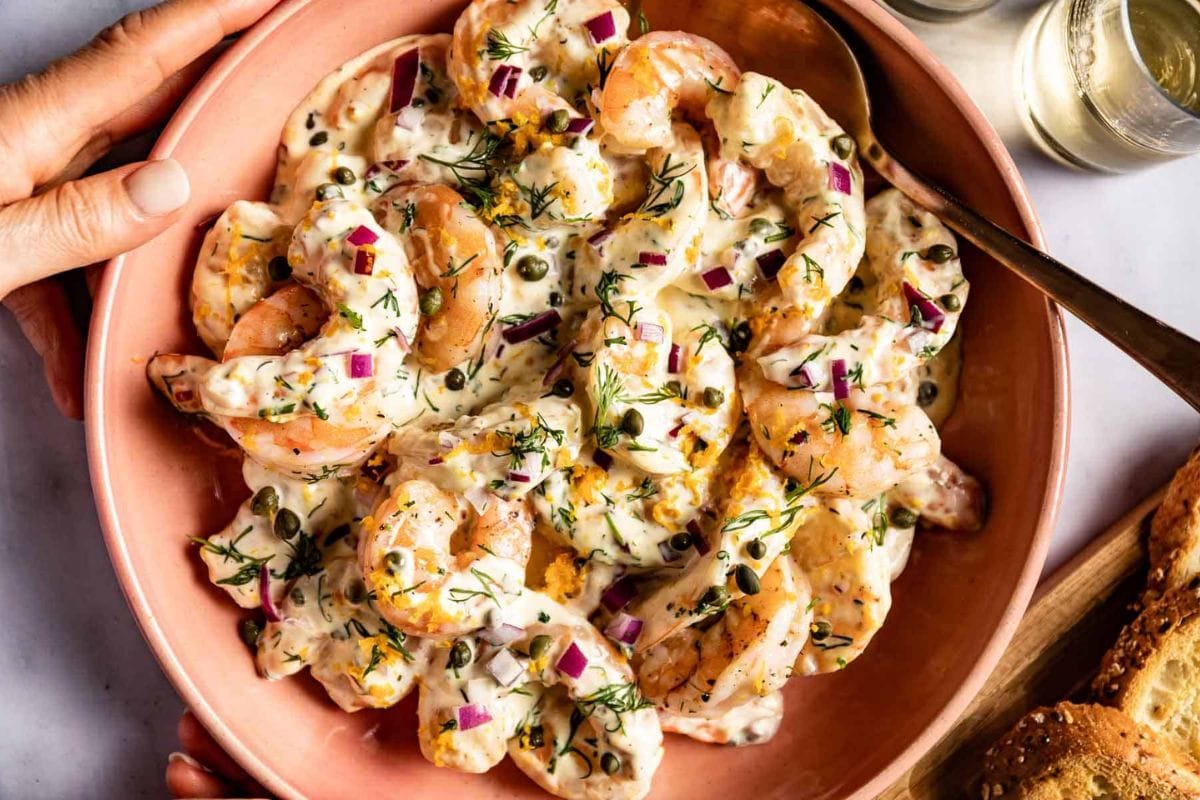 Shrimp salad in a bowl.