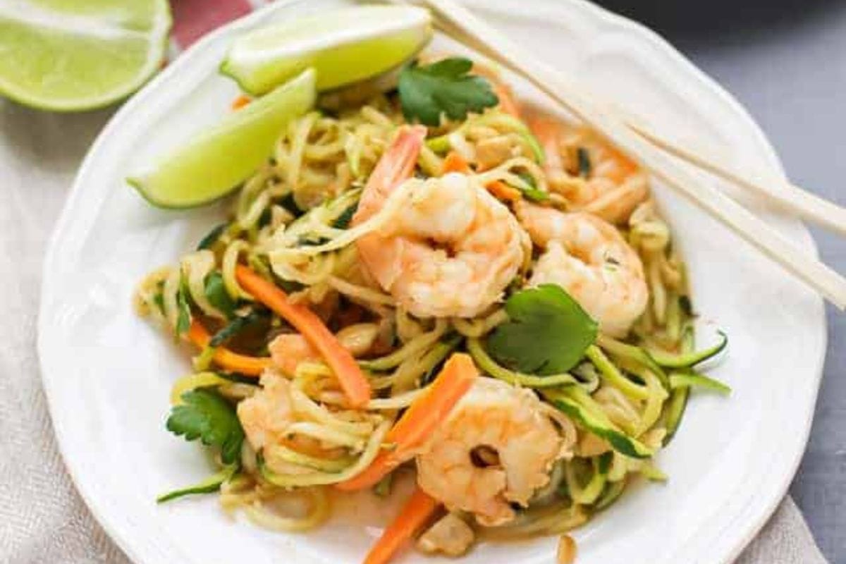 Zucchini noodle stir fry with shrimp.