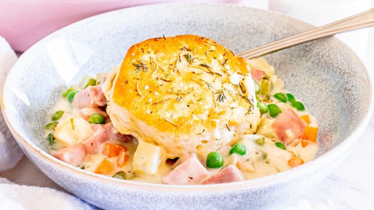 Leftover Ham Pot Pie with Biscuits.