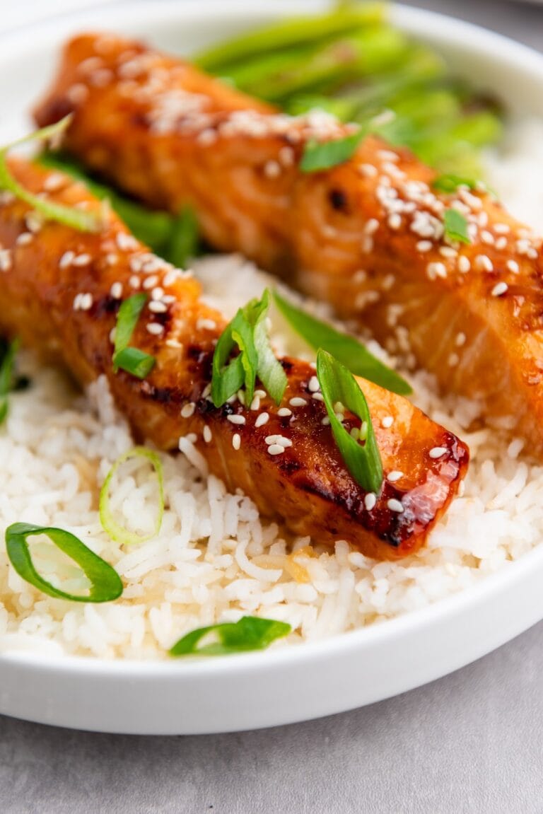 air fryer salmon with rice on a plate