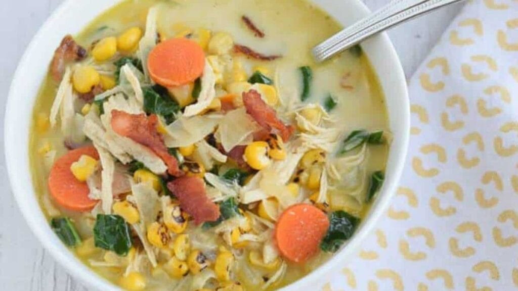 Creamy Chicken and Corn Soup with Bacon.