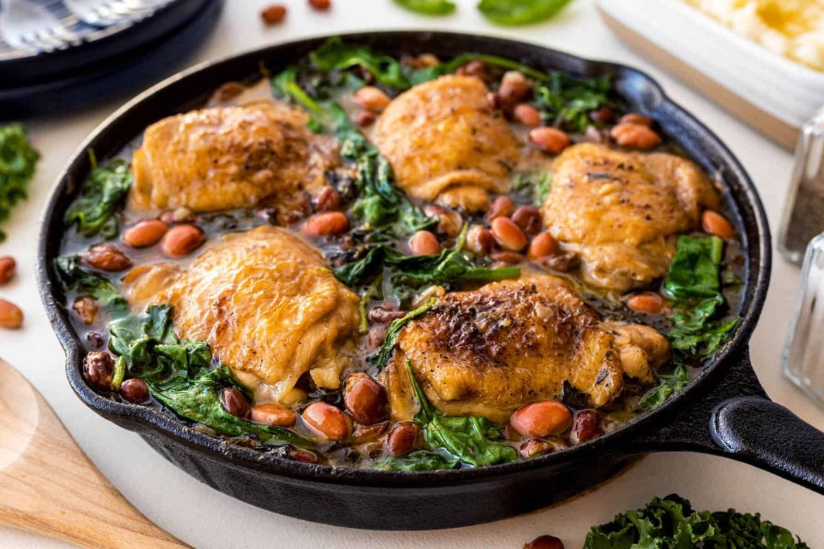 Skillet Chicken with Beans and Greens.