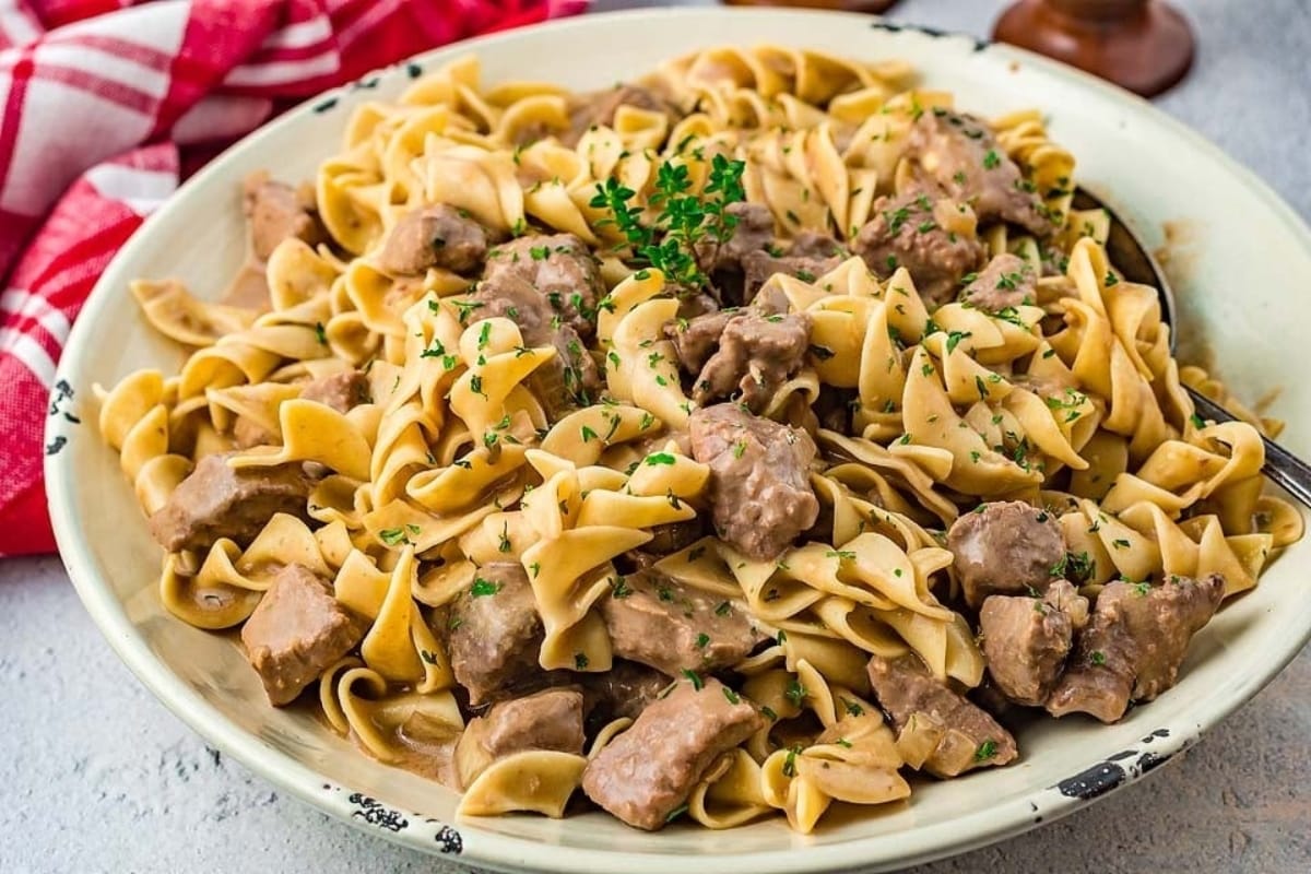 Slow Cooker Beef and Noodles with Mushrooms.