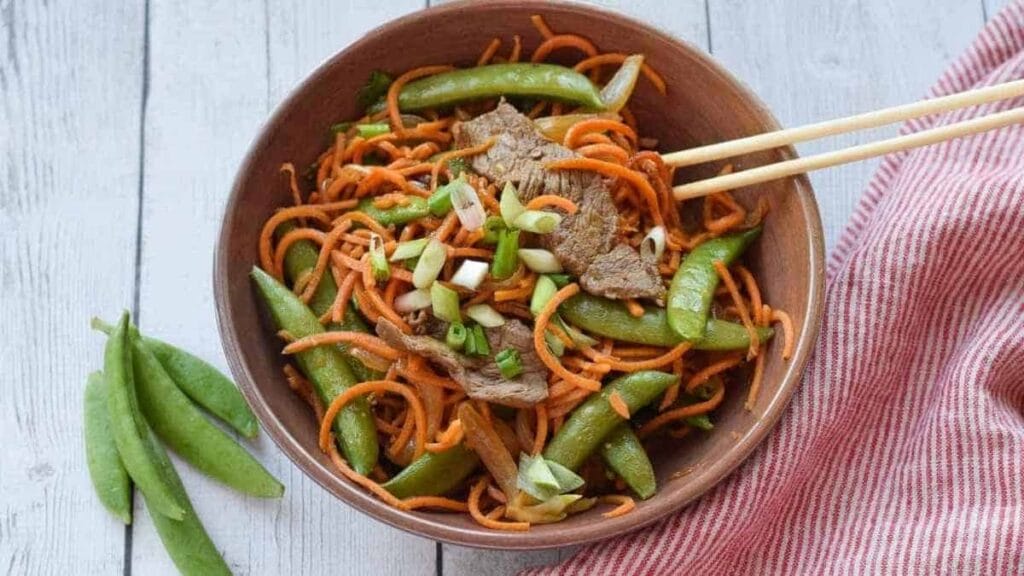 Sweet Potato Noodle Stir Fry with Steak.