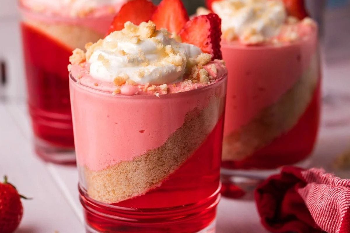 Layered Strawberry Jello Parfait Cups.