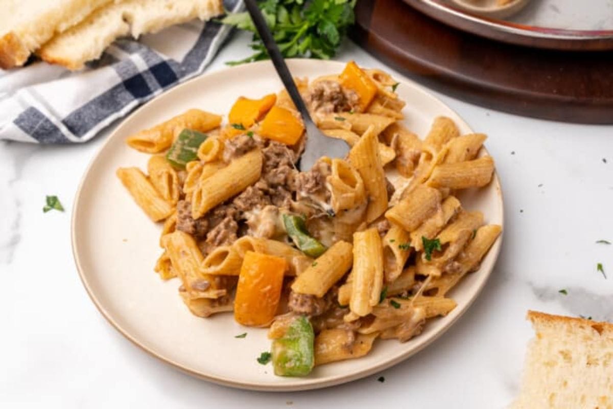 Philly Cheesesteak Pasta. 