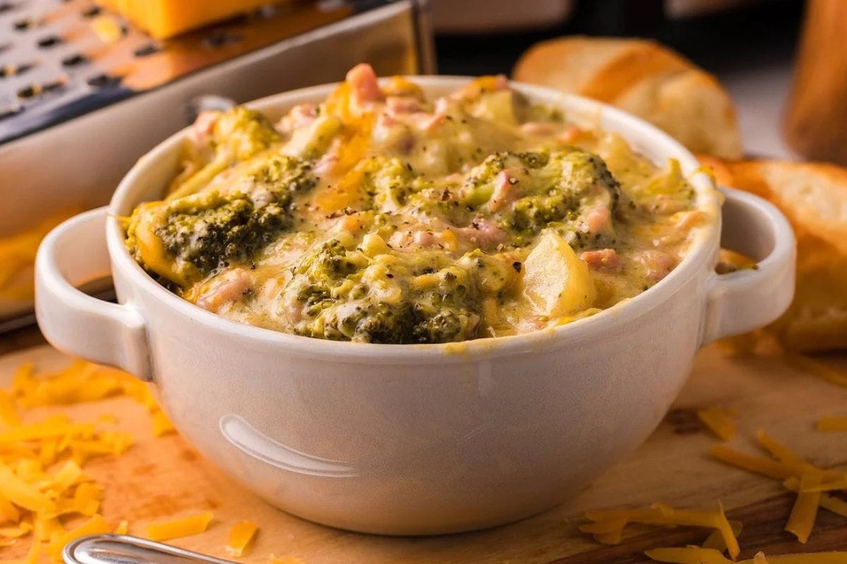Slow Cooker Chunky Ham, Potato, Cheese and Broccoli Soup.