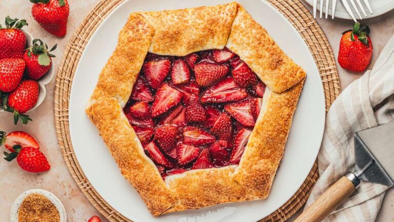 Strawberry galette on a plate.