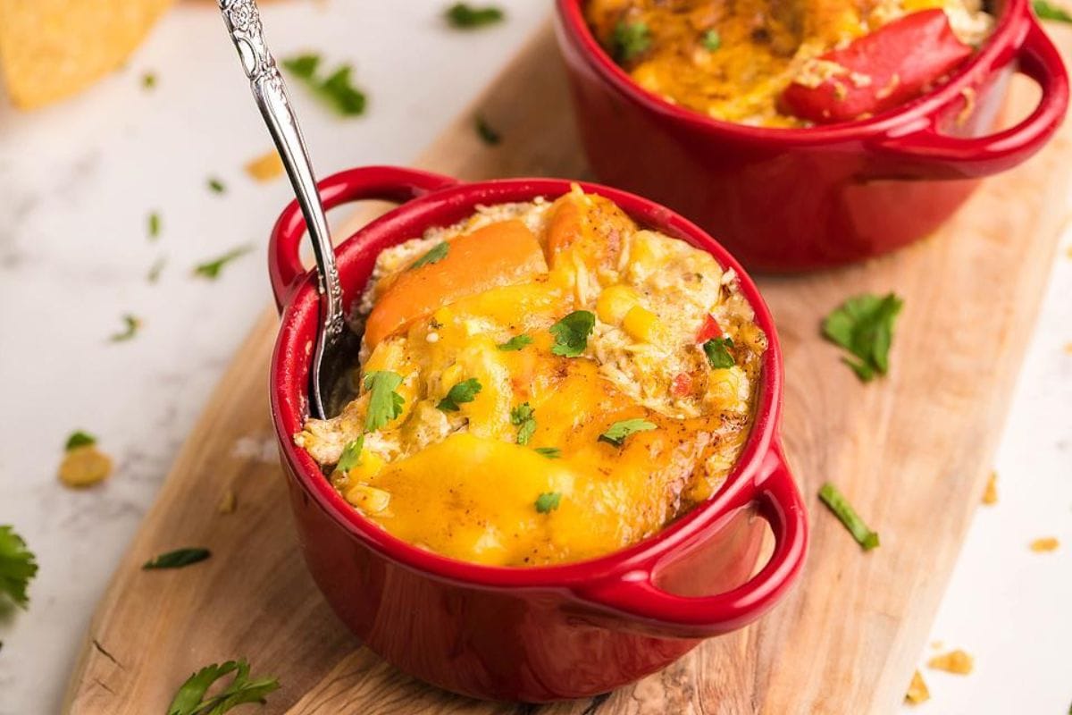 Super Easy Slow Cooker Chicken Enchilada Casserole.
