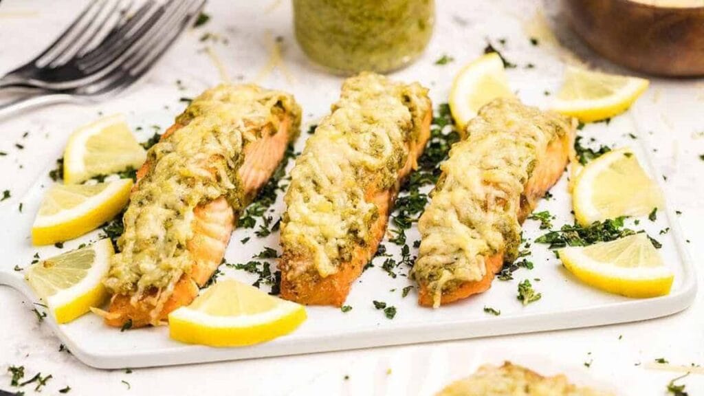 Air Fryer Parmesan Pesto Crusted Salmon Fillets.