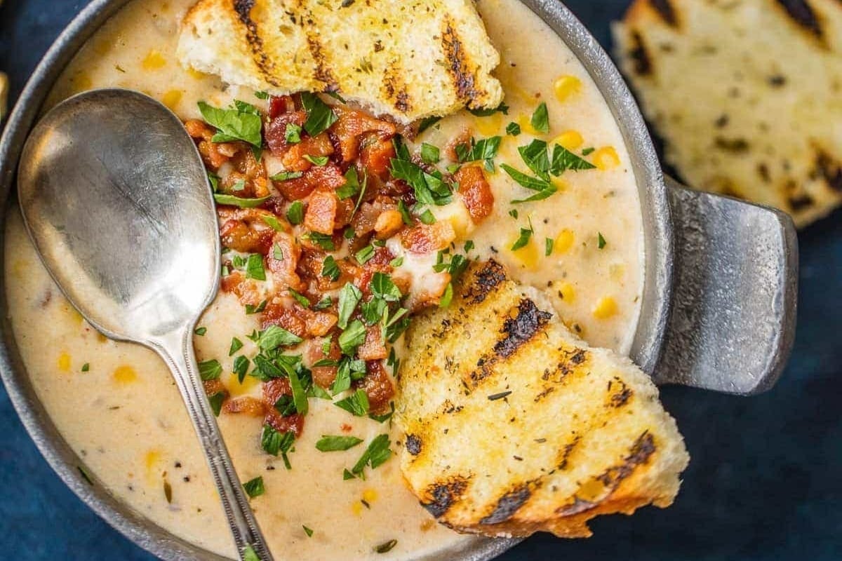 Recipe: Corn chowder with bacon and bread.