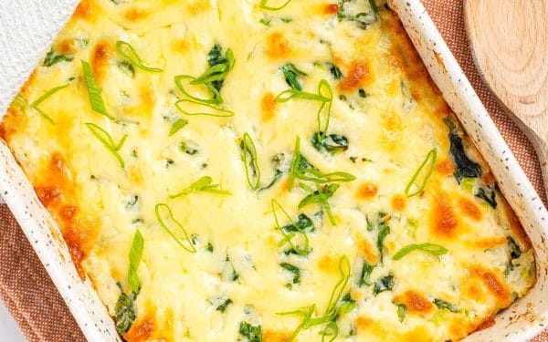 Rice casserole in a white baking dish.