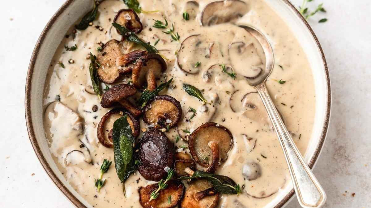 Cream of mushroom soup an a bowl.