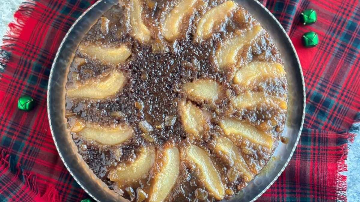 Lower Fodmap Gingerbread Pear Upside Down Cake. 