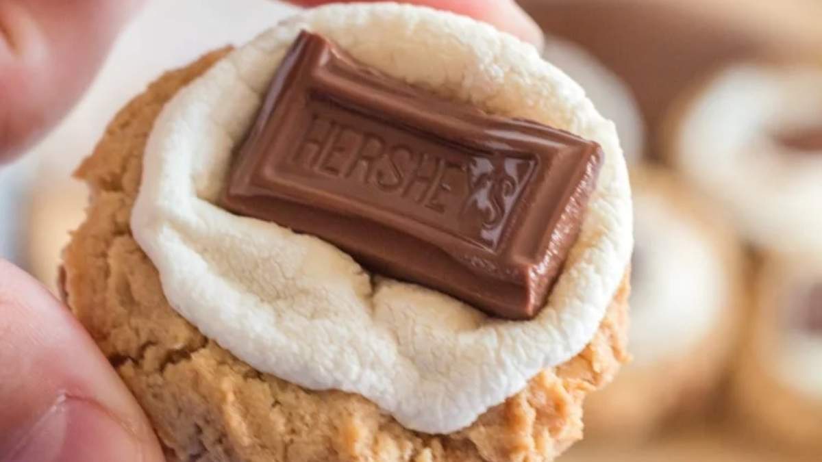 A person holding a cookie with a hershey bar on it, showcasing one of the delicious cookie recipes featuring chocolate.