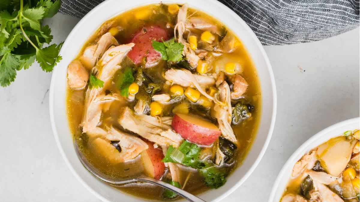 Roasted chicken soup in a bowl.