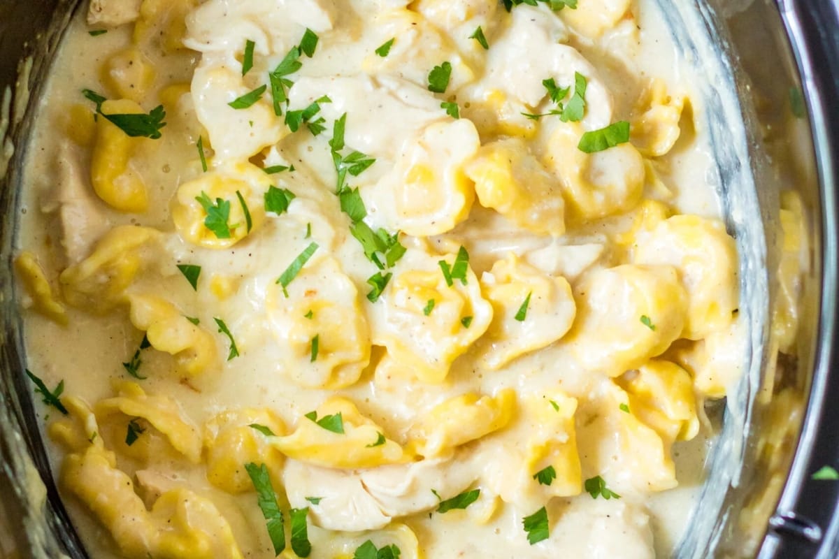 A crock pot filled with chicken and tortellini.