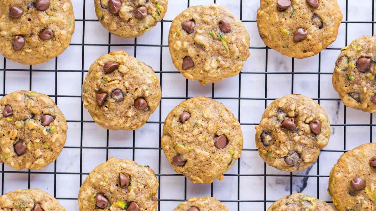 Chocolate chip cookies on a tray.