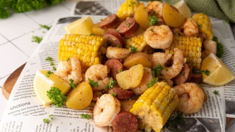 Close up shot of boiled shrimp and corn.
