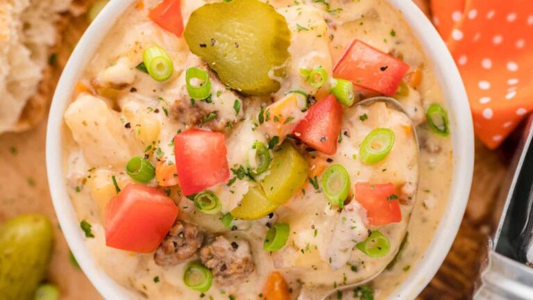 A bowl of cheeseburger soup.