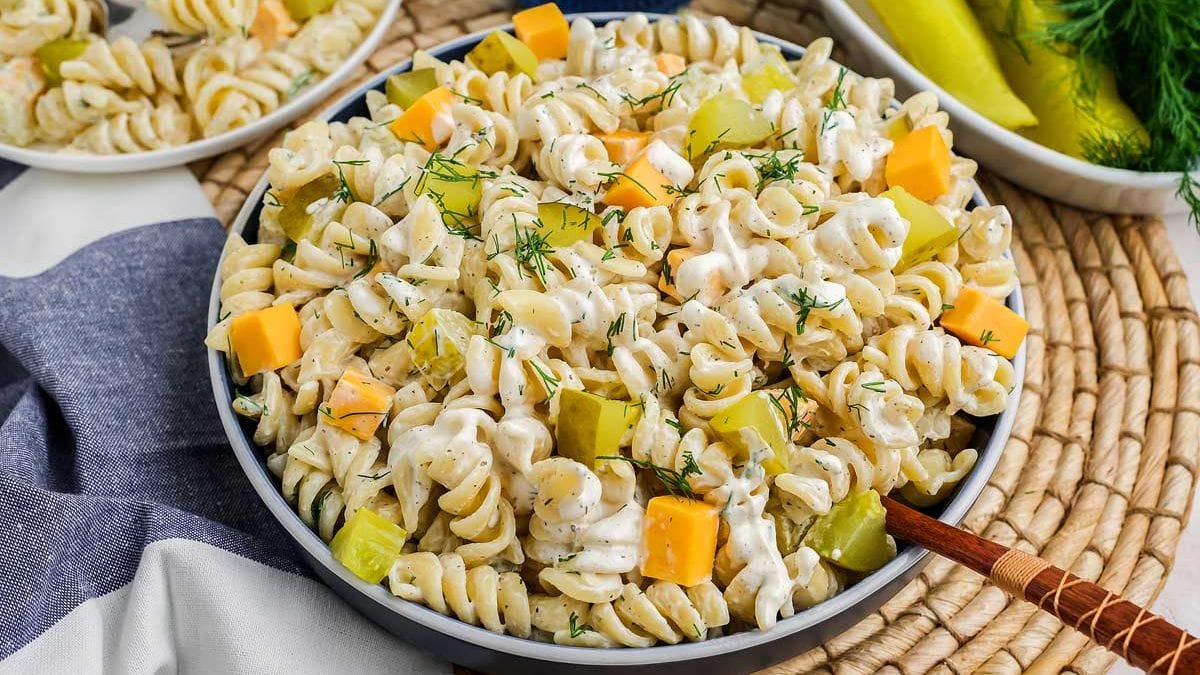Dill pickle pasta salad in a serving dish.